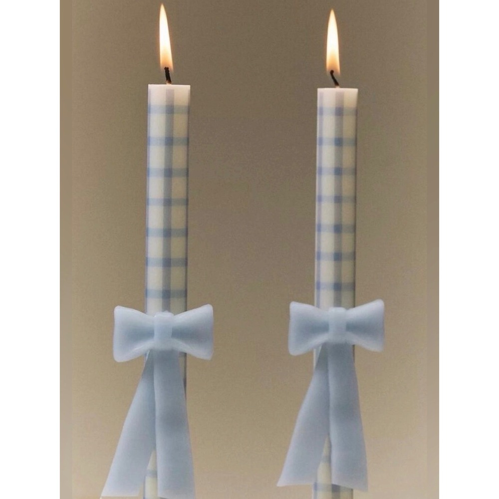 Anthropologie Blue Bow Gingham Taper Candles
